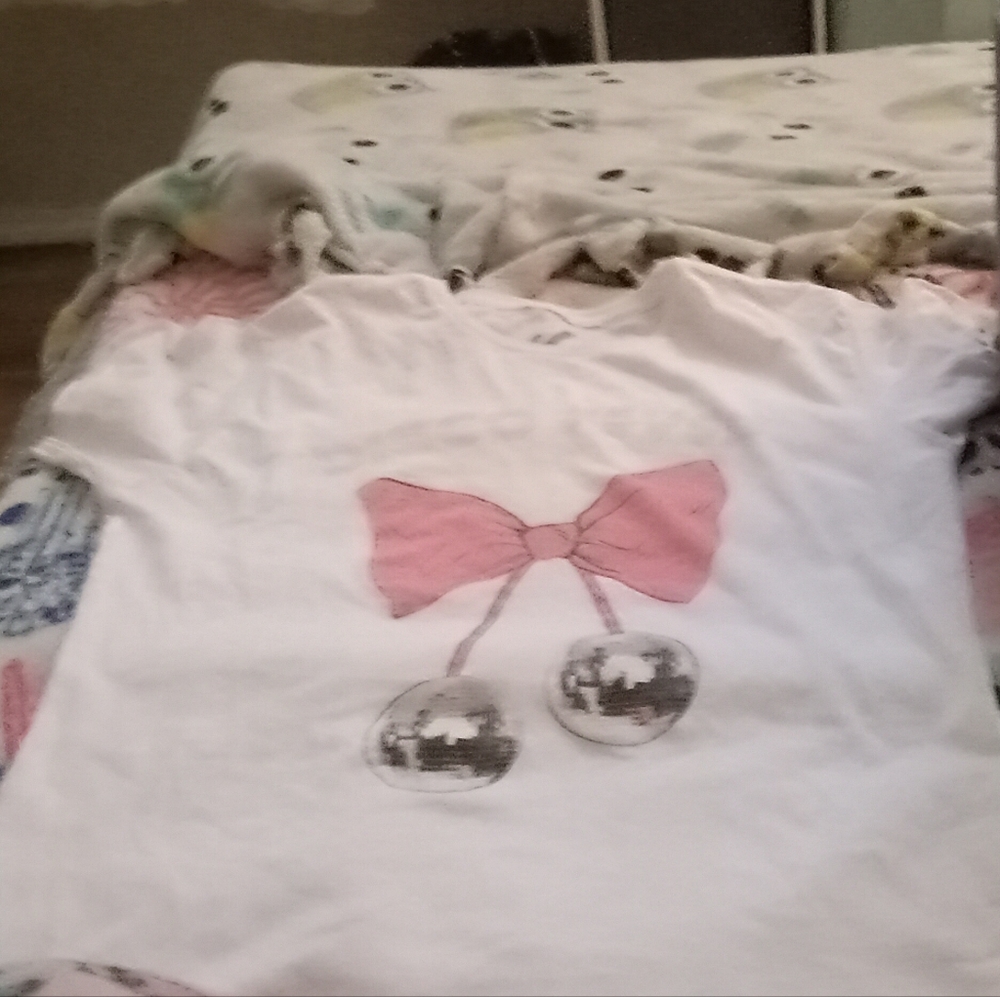 White T-Shirt with Pink Bow and Disco Ball Design